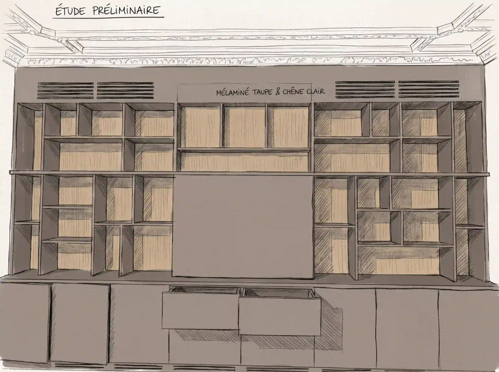 Étude préliminaire de la bibliothèque : élévation du meuble en mélaminé taupe et chêne clair, grilles de ventilation en partie haute, panneau central réservé au téléviseur, sous la corniche moulurée