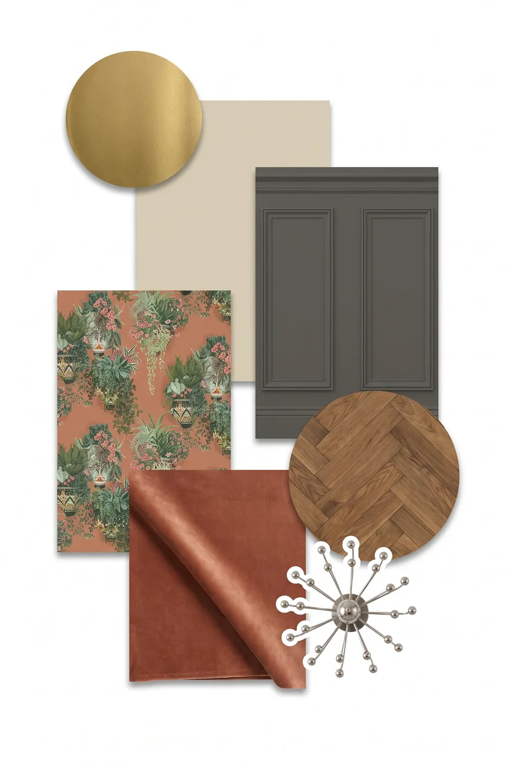 Planche d'ambiance des bureaux : pastille de laiton doré, panneau beige, soubassement anthracite à moulures, papier peint à vases fleuris sur fond terracotta, velours rouille, parquet en bâtons rompus et suspension étoilée chromée