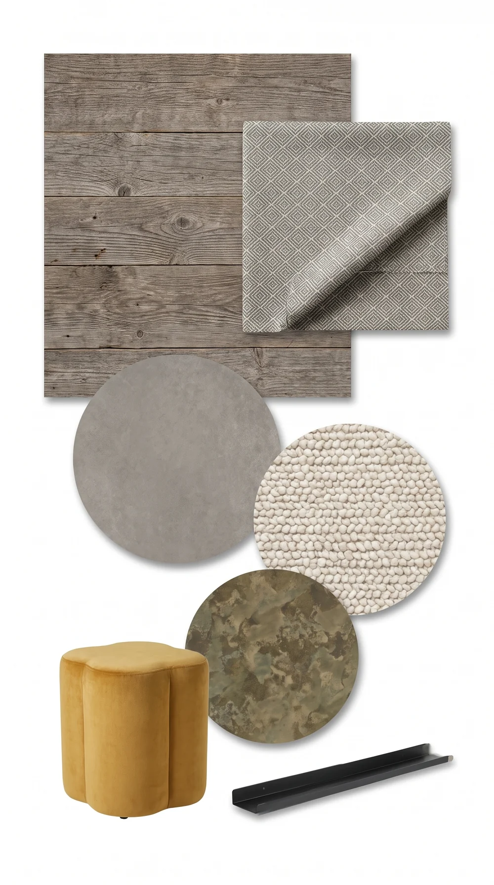 Planche d'ambiance du séjour et du coin repas : bardage en vieux bois gris, tissu tissé à losanges, carrelage gris mat, tapis de laine bouclée écrue, pouf en velours jaune, plateau de pierre bronze et profilé en métal noir