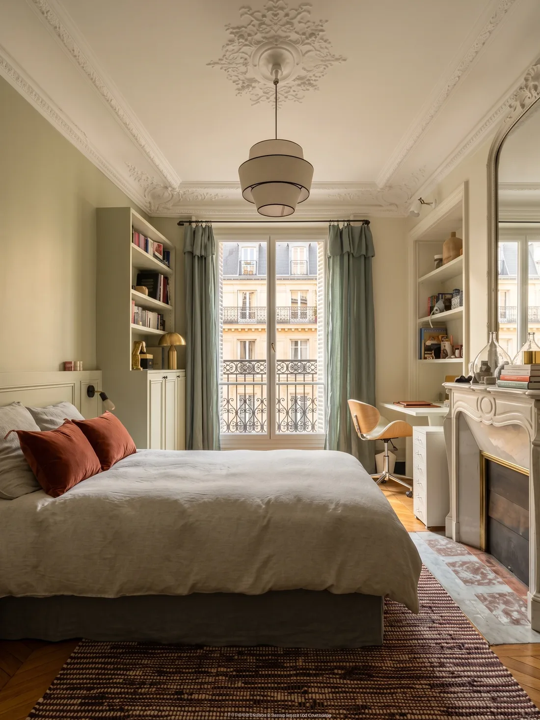 Vue d'ensemble de la chambre : lit à couvre-lit gris, tapis sombre, bureau installé près de la cheminée à trumeau, fenêtre donnant sur un balcon parisien et suspension de rotin au plafond