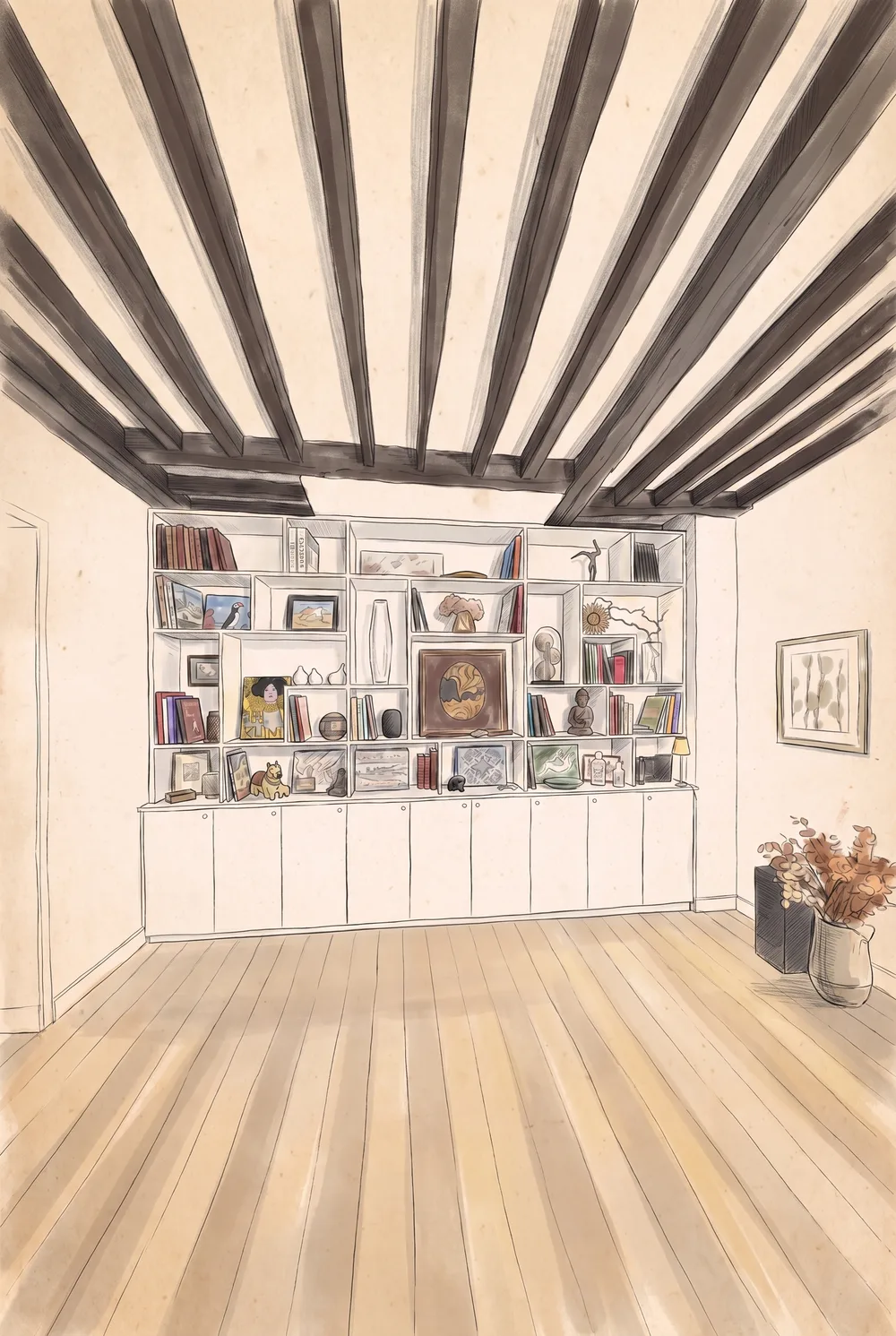 Esquisse de la bibliothèque du salon : mur de cases inégales garnies de livres et d'objets, portes pleines en partie basse, sous un plafond à poutres apparentes
