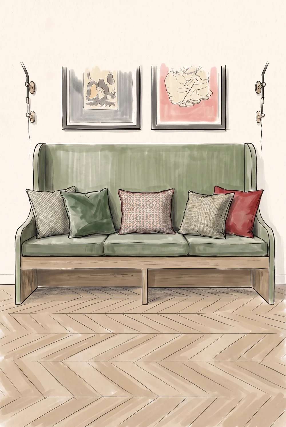 Esquisse de la banquette du coin repas : dossier haut tapissé de vert, assise en trois coussins, coussins dépareillés, piètement en chêne clair sur parquet à point de Hongrie, deux cadres et deux appliques au mur