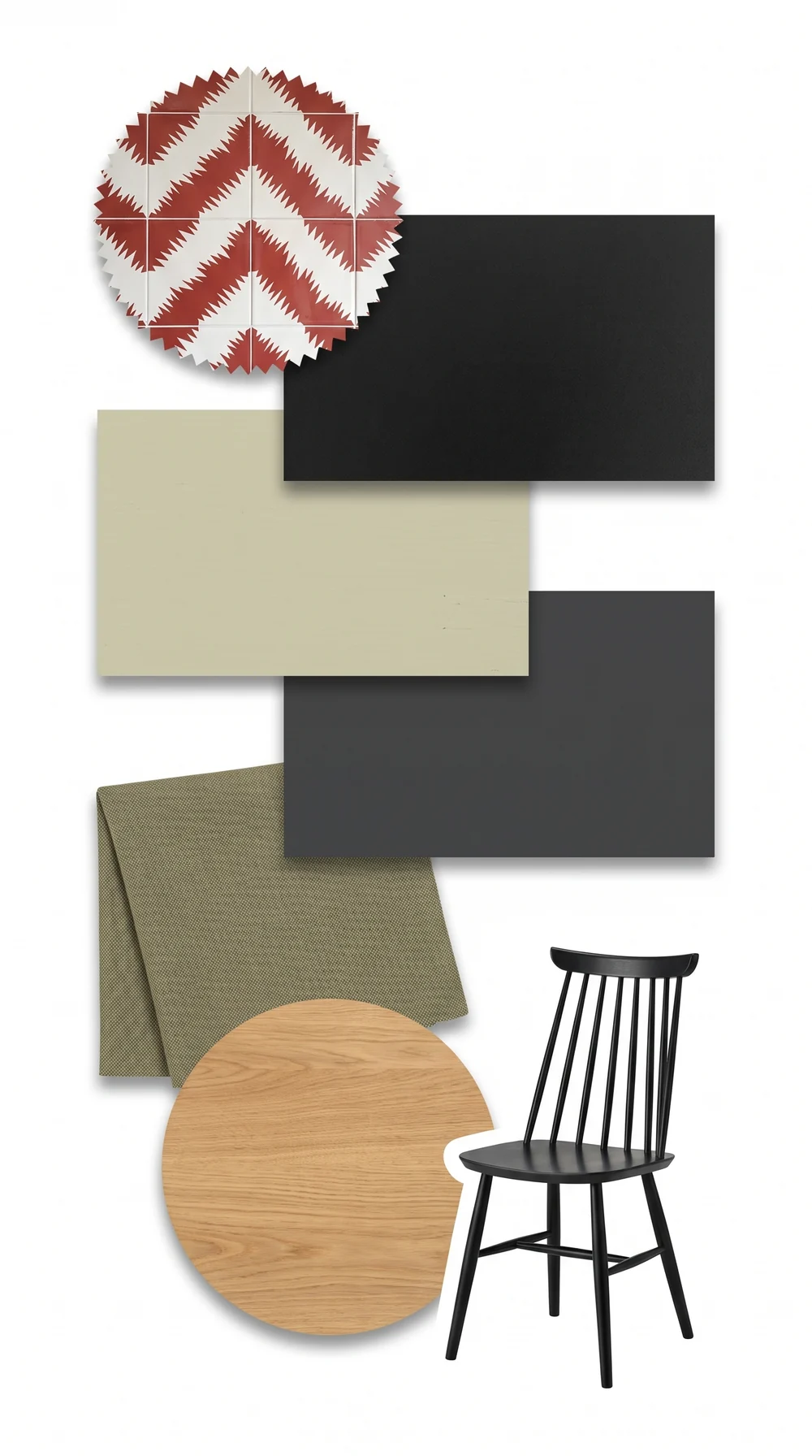 Planche d'ambiance de la cuisine et du coin repas : carreaux à chevrons rouges et blancs, plan de travail noir mat, panneau vert amande, panneau gris anthracite, tissu vert kaki de la banquette, chêne clair de la table et chaise noire à barreaux