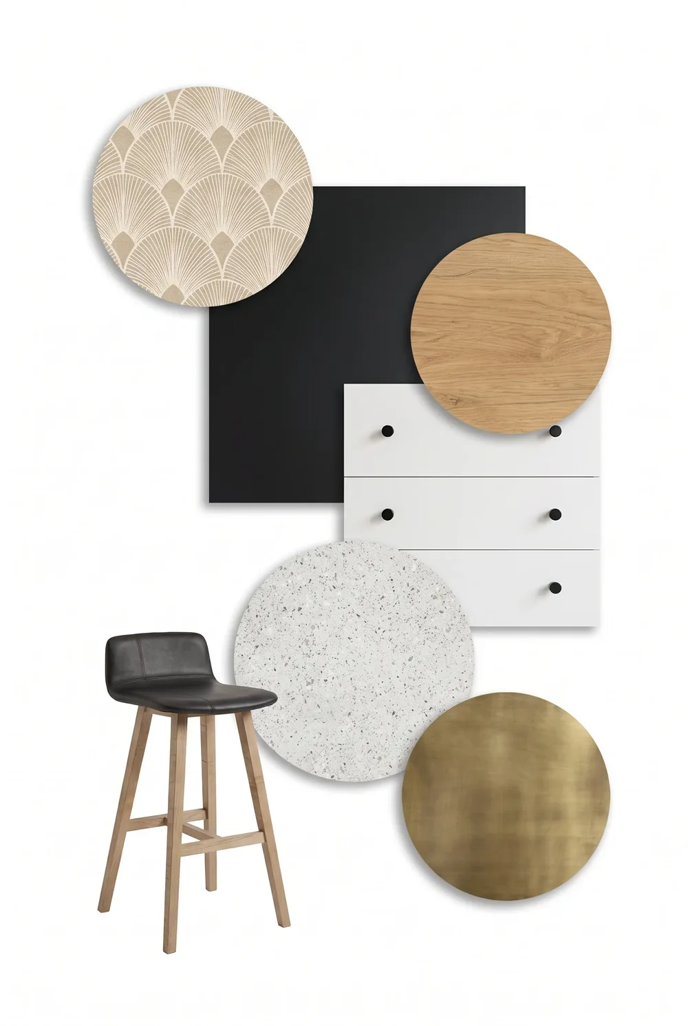 Planche d'ambiance du magasin : papier peint à éventails art déco beige, panneau noir mat, rond de chêne, façade blanche à boutons noirs, rond de terrazzo blanc, rond de laiton brossé et tabouret de cuir noir à piètement de bois
