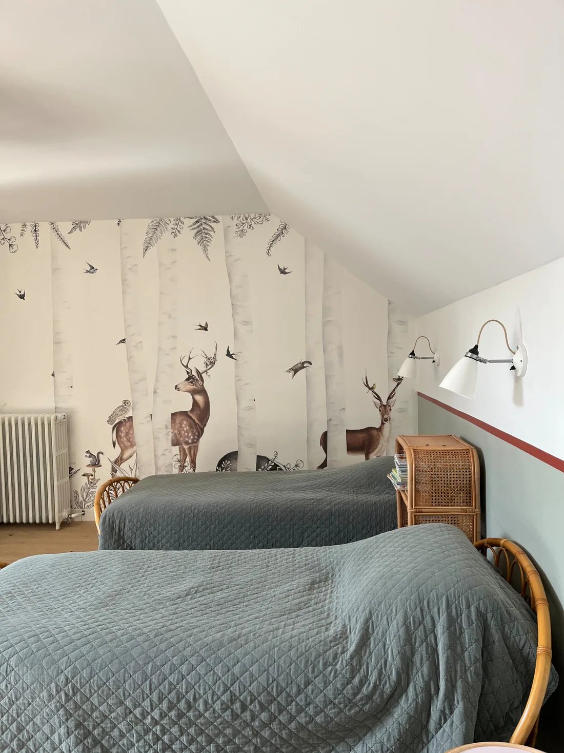 La chambre des enfants : papier peint panoramique de bouleaux avec cerfs et faisans, deux lits jumeaux en rotin cintré à couvre-lits vert d'eau et appliques articulées blanches
