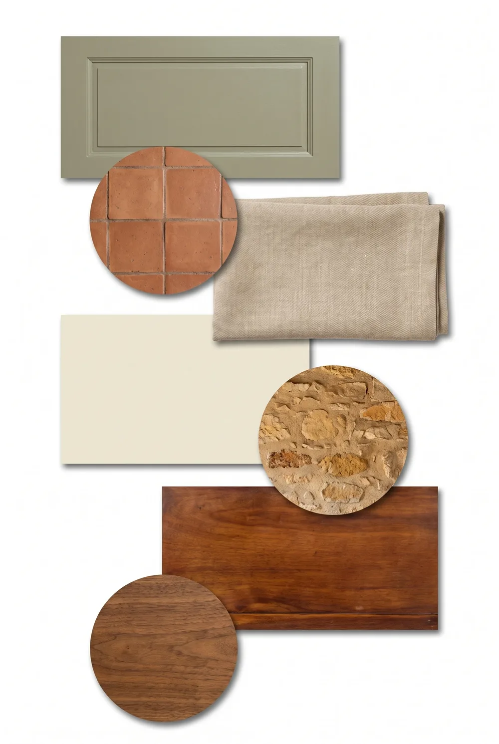 Planche d'ambiance du grand séjour : panneau vert de gris des menuiseries, tomette ancienne, lin naturel, panneau crème de la cheminée, pierre calcaire apparente, et le bois foncé du piano en panneau et en pastille ronde
