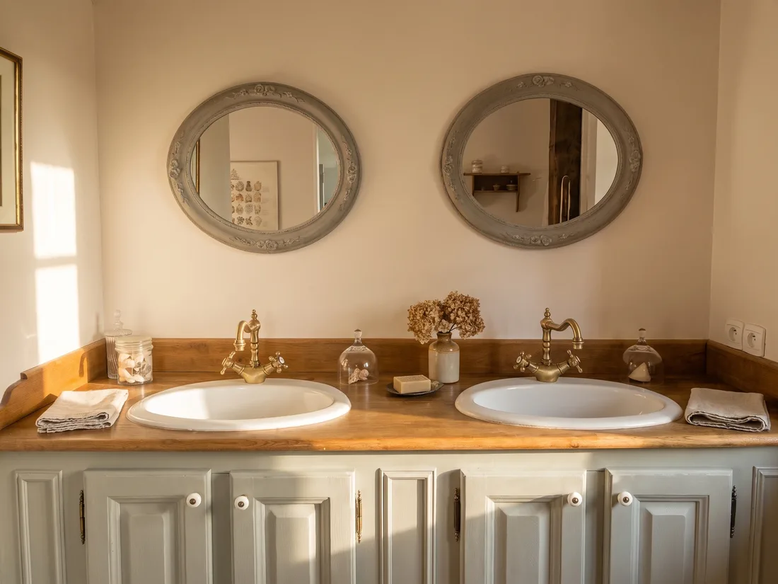 Salle de bains à double vasque : deux cuvettes encastrées dans un plan de bois massif, robinetterie de laiton, deux miroirs ronds à cadre de bois patiné et meuble bas à portes moulurées peint en gris vert