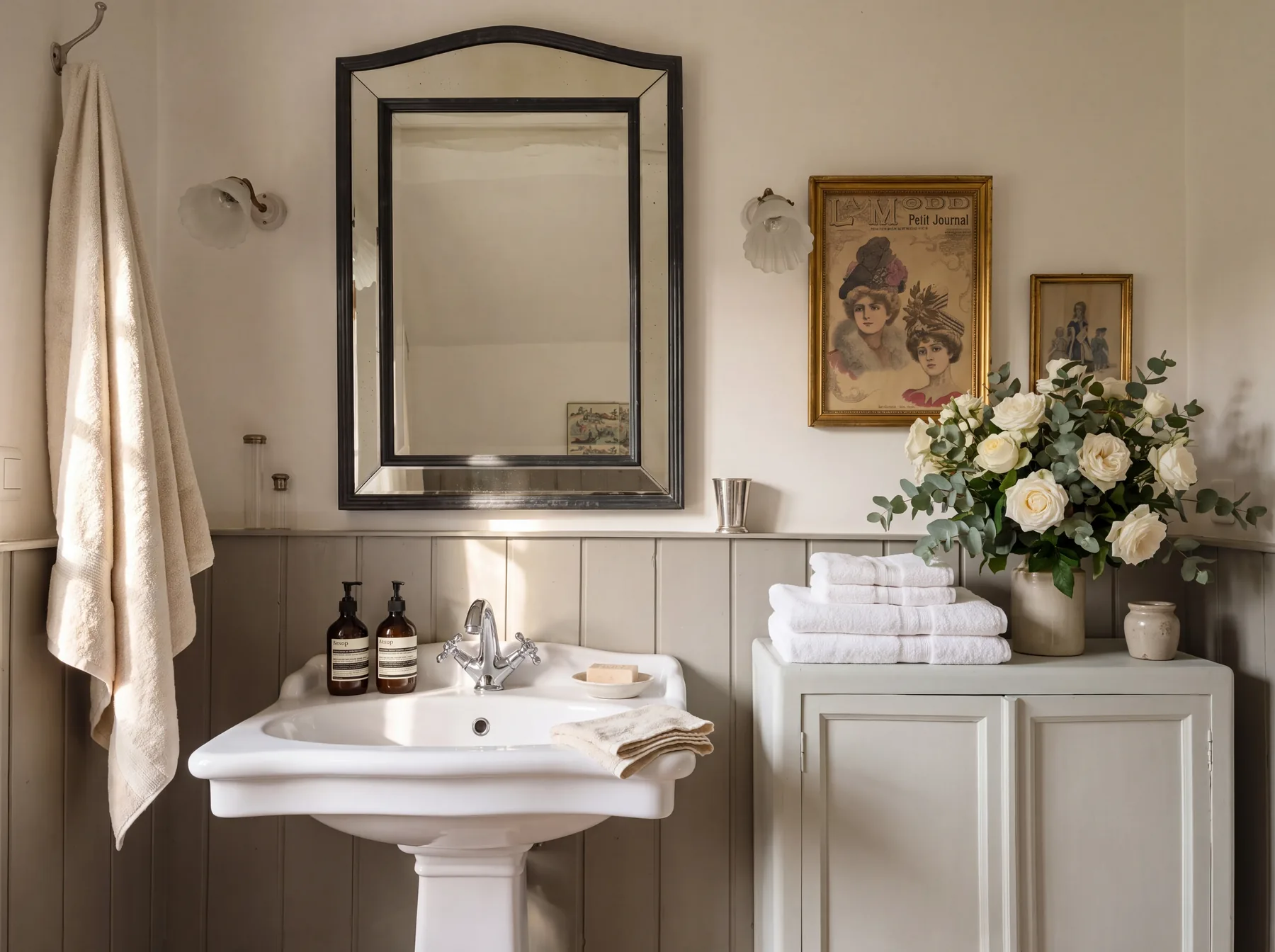 Salle d'eau : lavabo de céramique sur colonne devant un lambris peint en gris à mi-hauteur, grand miroir à fronton cintré encadré de noir, appliques de verre en forme de coquille, gravures de mode anciennes, bouquet de roses blanches et meuble bas repeint