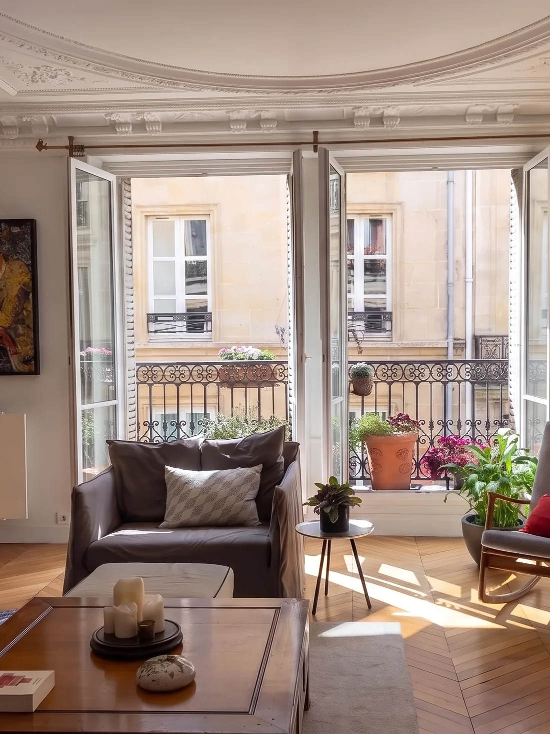 Salon haussmannien aux fenêtres à espagnolette ouvertes sur un garde-corps en fonte, corniche moulurée et parquet à point de Hongrie