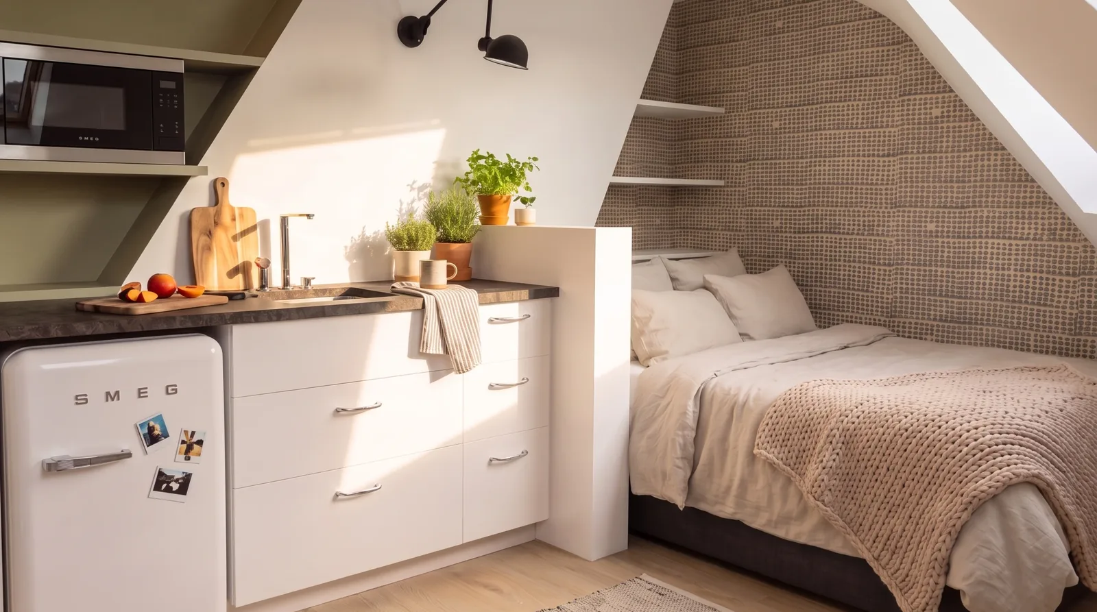 Vue du projet d'un studio de 10 m² sous les toits : lit à tête de cannage sous la pente, kitchenette blanche à plan sombre, étagères murales, table ronde et chaises de rotin près de la fenêtre de toit
