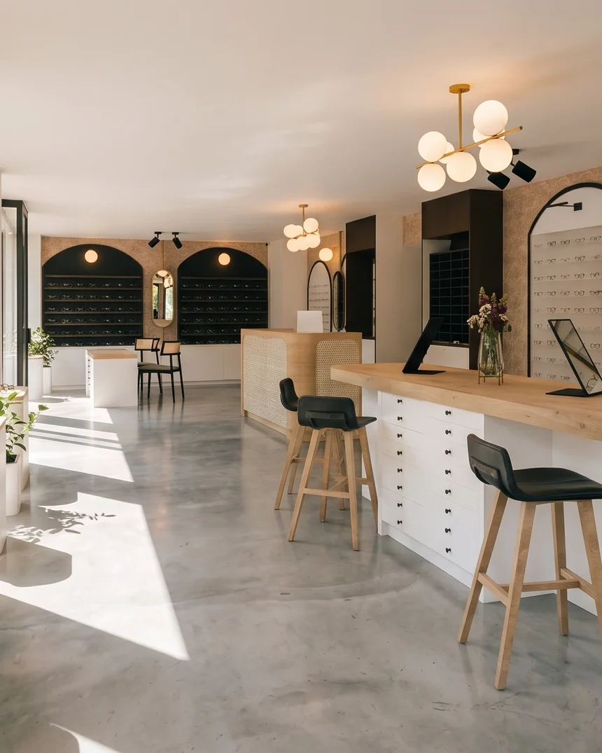 Vue en trois dimensions d'un magasin d'optique : comptoir en chêne massif, présentoirs à lunettes sous des arches peintes, miroirs dorés et tabourets hauts