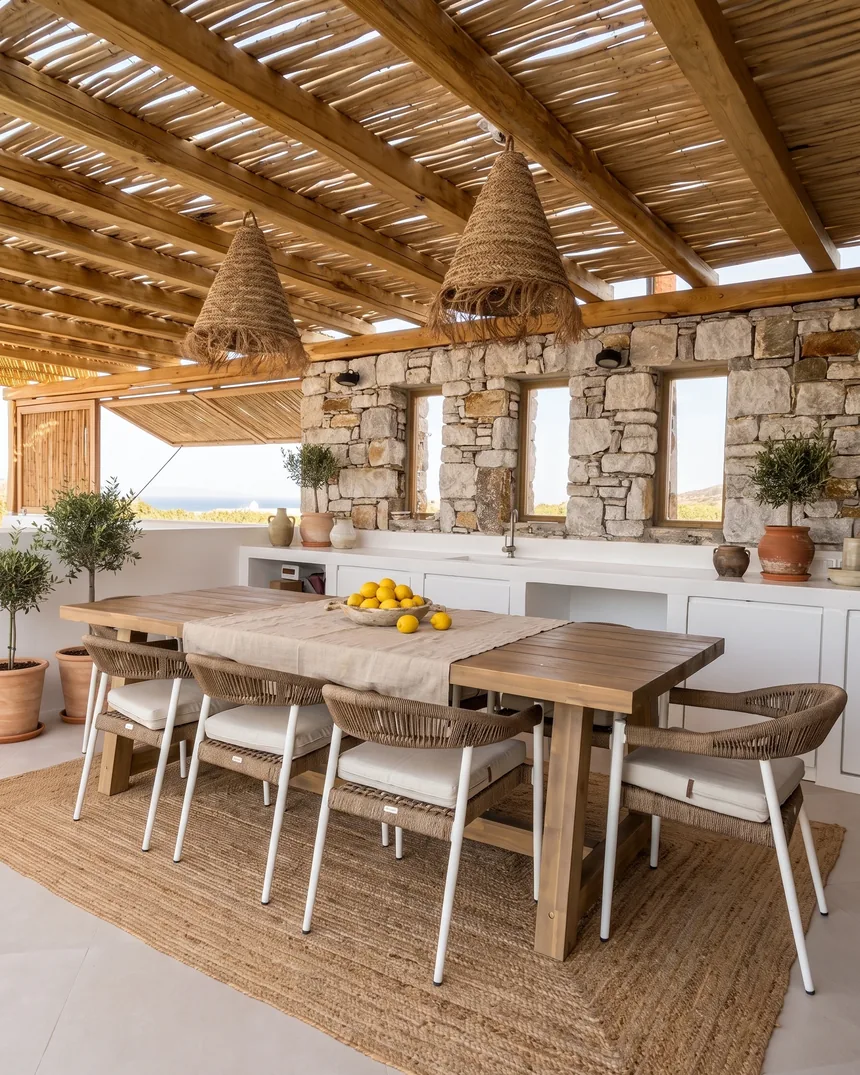 Table de repas sous une pergola en bambou d'une villa à Naxos, mur en pierre sèche et vue sur la mer