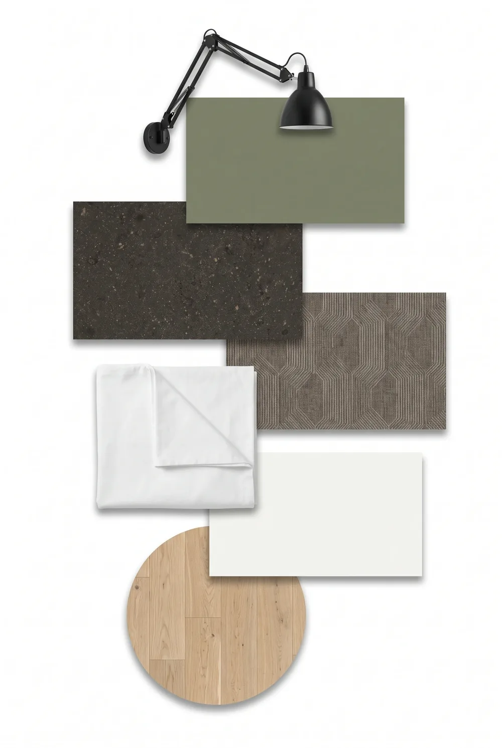 Planche d'ambiance du studio : applique noire articulée, panneau vert amande, plan de travail noir moucheté, tissage géométrique taupe de la tête de lit, linge blanc, façade blanche et rond de parquet chêne clair
