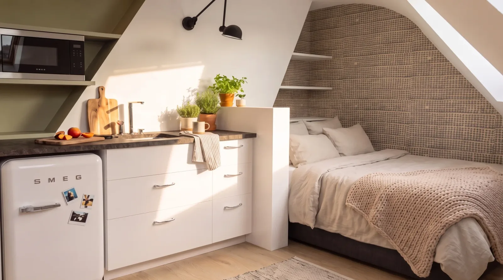 Vue du projet : le studio de 10 m² aménagé, lit à tête de cannage sous la pente, kitchenette blanche à plan sombre, étagères murales, table ronde et chaises de rotin près de la fenêtre de toit