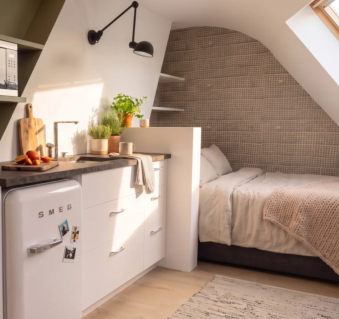Vue du projet : le studio en entier, lit à tête de cannage sous la pente à droite, kitchenette blanche à plan sombre à gauche, étagères murales, table ronde et chaises de rotin devant la fenêtre de toit