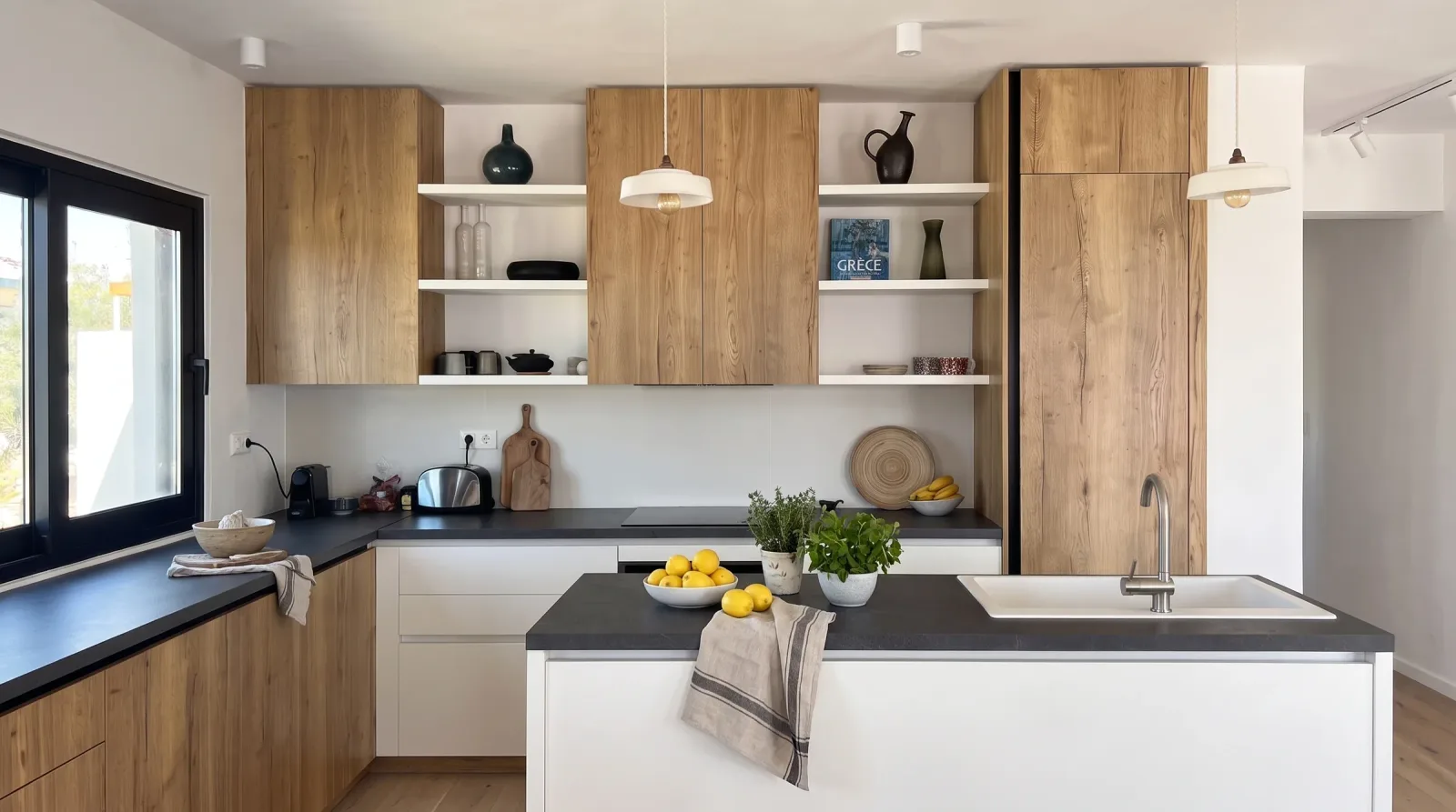 La cuisine ouverte de la villa : façades blanches et bois clair, plan de travail et crédence anthracite, étagères ouvertes garnies de céramiques, et lumière de la terrasse entrant par la baie