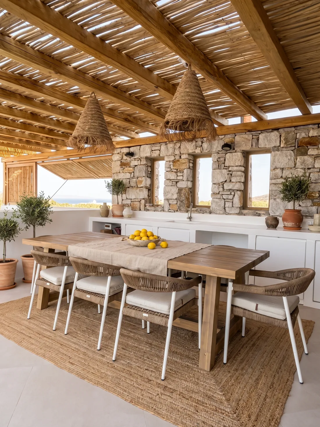 La salle à manger extérieure sous la pergola de canisse : grande table de bois clair, chaises tressées blanches, mur de pierre de l'île et suspensions de paille